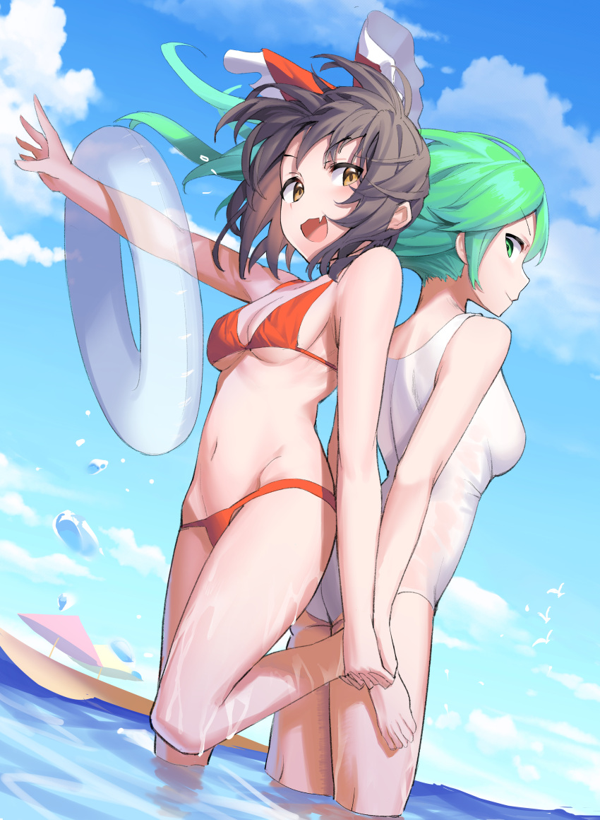 2girls :d absurdres alternate_costume back-to-back barefoot beach_umbrella benikurage_(cookie) bikini blue_sky blush bow breasts brown_eyes brown_hair cleavage closed_mouth cloud cookie_(touhou) day dutch_angle floating_hair foot_out_of_frame frilled_bow frills green_eyes green_hair hakurei_reimu highres holding holding_hands holding_swim_ring kochiya_sanae long_hair looking_at_viewer medium_breasts multiple_girls navel nekokatana_catana ocean one-piece_swimsuit open_mouth outdoors paseri_(cookie) red_bikini red_bow short_hair sky smile swim_ring swimsuit touhou umbrella water white_one-piece_swimsuit