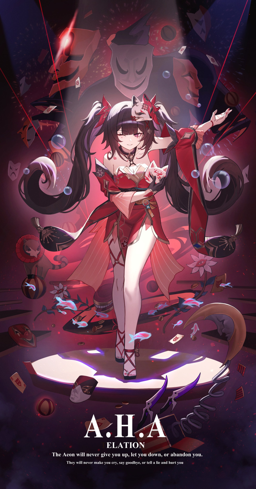 absurdres aha_(honkai:_star_rail) bell black_choker black_gloves breasts brown_hair character_name choker circle_facial_mark cleavage detached_sleeves dress female flower_tattoo fox_mask full_body gloves highres holding holding_mask honkai:_star_rail honkai_(series) jeze jingle_bell large_breasts long_hair mask mask_on_head nail_polish one_eye_closed red_dress red_eyes red_footwear red_nails sandals single_glove sparkle_(honkai:_star_rail) tattoo twintails very_long_hair