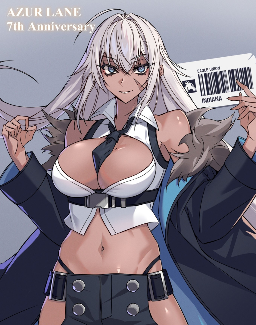 azur_lane bare_shoulders between_breasts black_coat black_necktie black_panties black_pants blue_eyes breasts character_name cleavage clothes_pull coat commentary_request cropped_shirt dark-skinned_female dark_skin female fur-trimmed_coat fur_trim grin hair_between_eyes highleg highleg_panties highres indiana_(azur_lane) jacket jacket_pull large_breasts light_brown_hair long_hair midriff navel necktie necktie_between_breasts open_clothes open_jacket open_shirt ouka_(sakura_oinari) panties pants partially_unbuttoned revealing_clothes scar scar_on_face shirt sleeveless sleeveless_shirt smile solo underwear very_long_hair w_arms