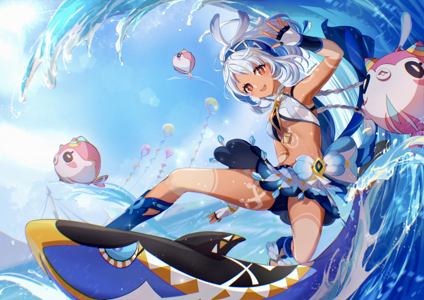 absurdres bare_shoulders blue_hair blue_hairband braid breasts celtreny dark-skinned_female dark_skin female genshin_impact gloves hairband highres long_hair looking_at_viewer mualani_(genshin_impact) open_mouth red_eyes smile solo surfing waves white_hair