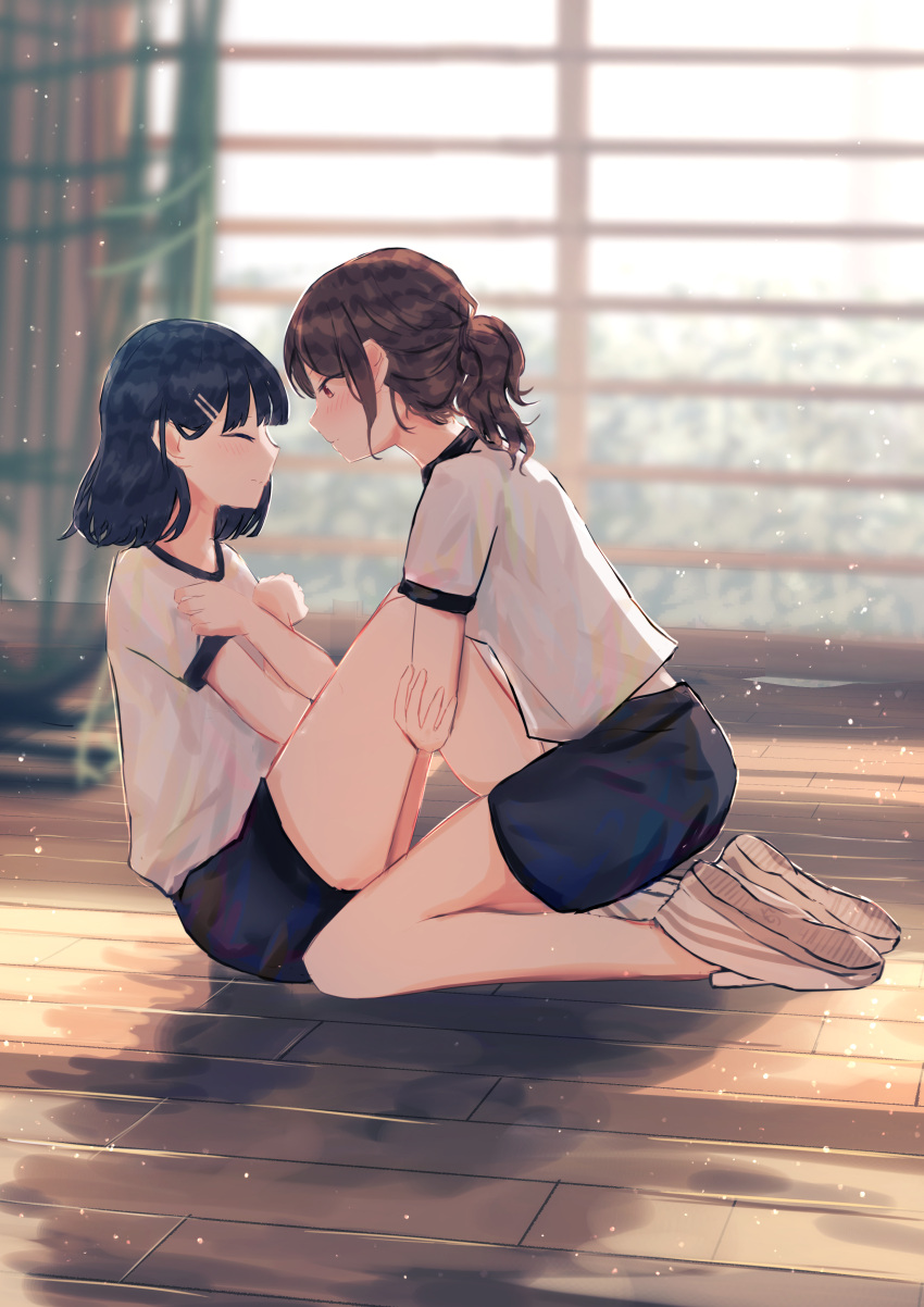 2girls absurdres benevole black_hair blush breasts brown_eyes brown_hair closed_eyes closed_mouth day facing_another full_body gym_shirt gym_shorts gym_uniform hair_ornament hairclip hand_on_own_face highres indoors kneeling looking_at_another medium_breasts multiple_girls original shirt shoes short_sleeves shorts sitting sunlight white_shirt wooden_floor yuri