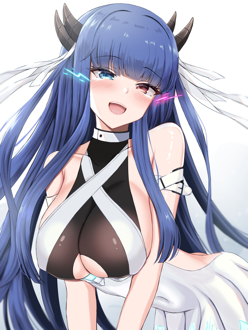 azur_lane bent_over blue_eyes blue_hair blunt_bangs blush breasts clothing_cutout commentary_request covered_navel dress female habu_rin heterochromia highres horns ibuki_(azur_lane) large_breasts long_hair looking_at_viewer open_mouth pink_eyes sleeveless sleeveless_dress solo underboob_cutout