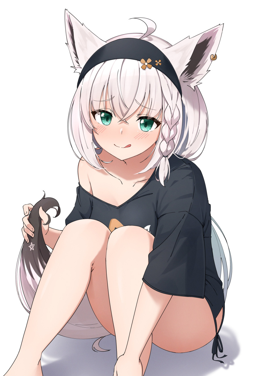 :q absurdres ahoge animal_ears black_hairband black_shirt blush braid commentary_request crossed_bangs eru_(l_illust45) feet_out_of_frame female fox_ears fox_girl fox_tail green_eyes hair_between_eyes hairband highres holding_own_tail hololive knees_up long_hair looking_at_viewer loungewear official_alternate_costume pentagram shirakami_fubuki shirakami_fubuki_(loungewear) shirt short_sleeves side-tie_shirt side_braid sidelocks simple_background single_off_shoulder sitting smile solo tail tongue tongue_out two-tone_tail virtual_youtuber white_background white_hair