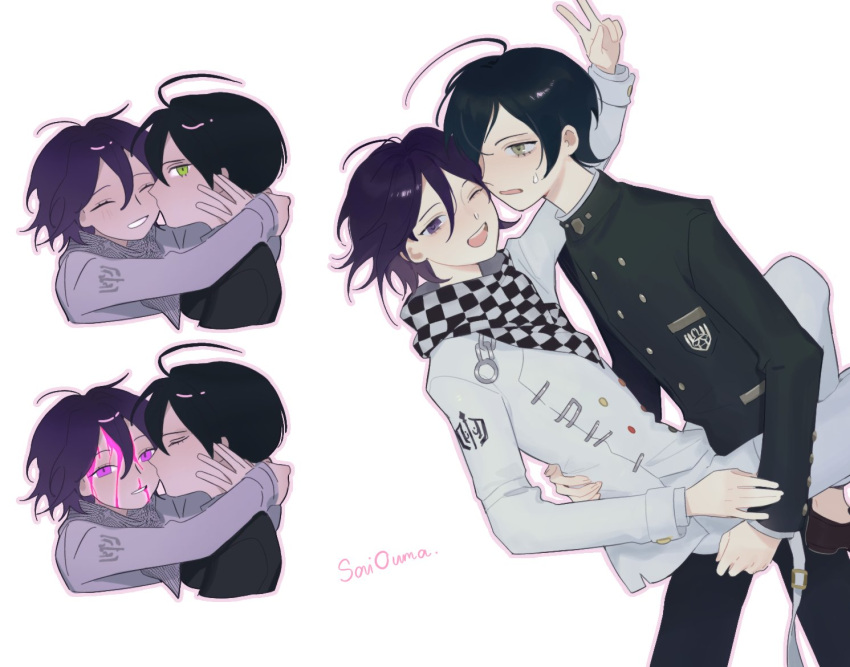 2boys :d ahoge black_hair black_jacket black_pants blood blush buttons checkered_clothes checkered_scarf danganronpa_(series) danganronpa_v3:_killing_harmony double-breasted from_side grey_jacket grey_pants jacket kissing kissing_cheek long_sleeves looking_at_viewer male_focus meomeo multiple_boys oma_kokichi pants pink_blood saihara_shuichi scarf short_hair sideways_glance smile sweatdrop teeth upper_teeth_only v yaoi yellow_eyes