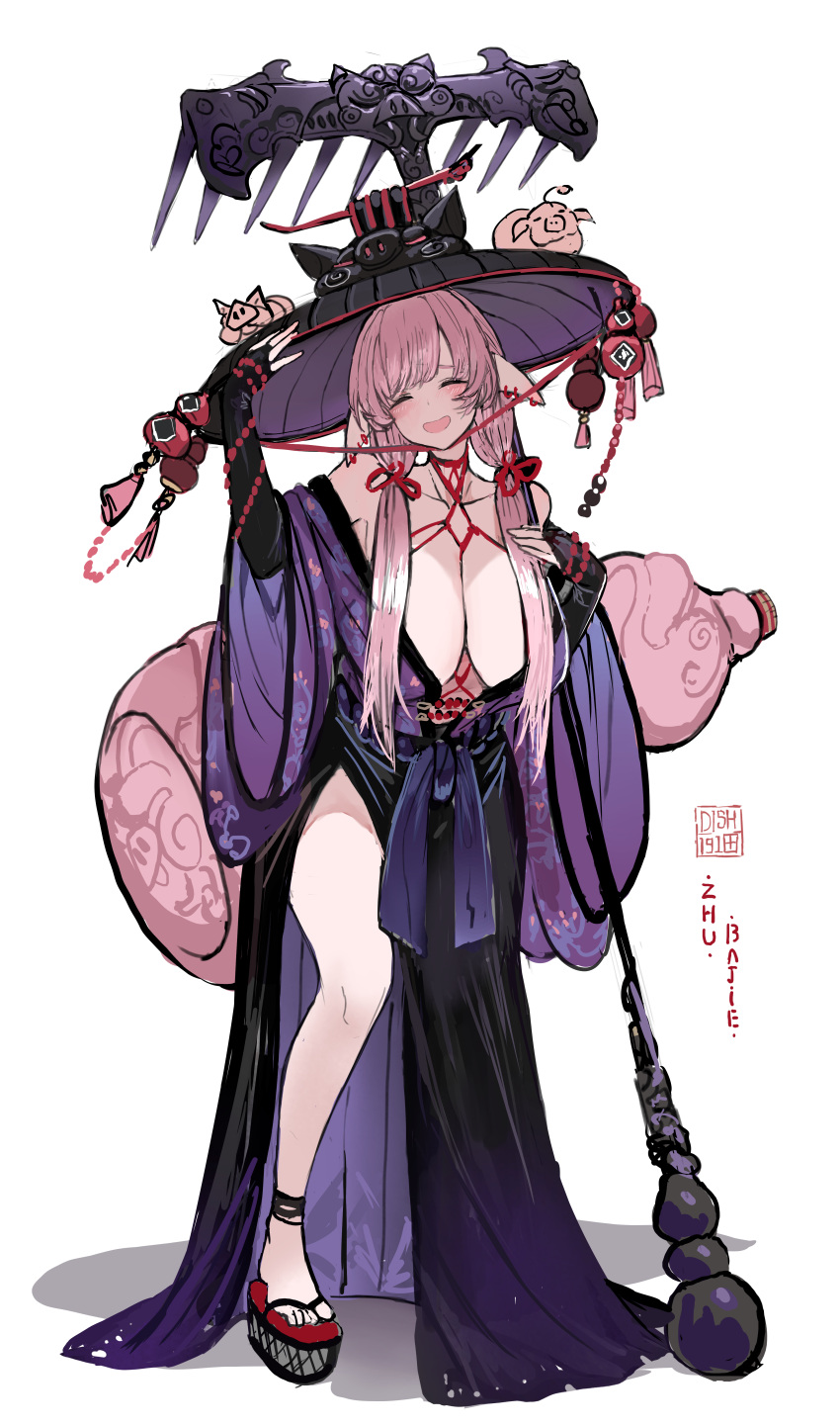 absurdres animal_ears black_gloves blush bondage breasts bridal_gauntlets closed_eyes dishwasher1910 elbow_gloves female gloves hand_on_headwear hat highres japanese_clothes kimono large_breasts no_bra off_shoulder open_mouth original pink_hair shibari_under_clothes solo staff white_background