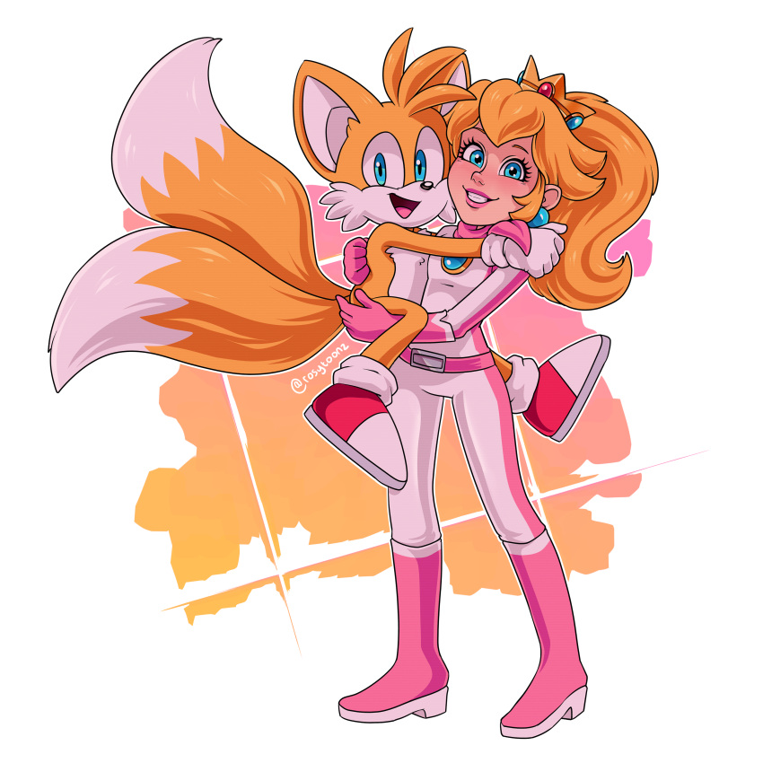 1:1 absurd_res anthro blonde_hair blue_eyes canid canine carrying_another clothing crown dipstick_tail duo female footwear fox fur gloves hair handwear headgear hi_res human light_body light_skin male mammal mario_bros markings nintendo open_mouth open_smile princess_peach rosytoonz sega signature simple_background smile sonic_the_hedgehog_(series) tail tail_markings tails white_body white_fur yellow_body yellow_fur