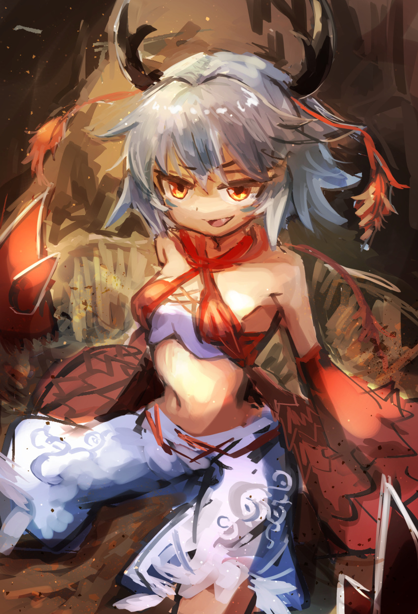 absurdres arthropod_girl breasts detached_sleeves duel_monster female grey_hair hatano_kiyoshi highres horns looking_at_viewer midriff navel orange_eyes pants short_hair small_breasts smile solo traptrix_myrmeleo white_pants yu-gi-oh!