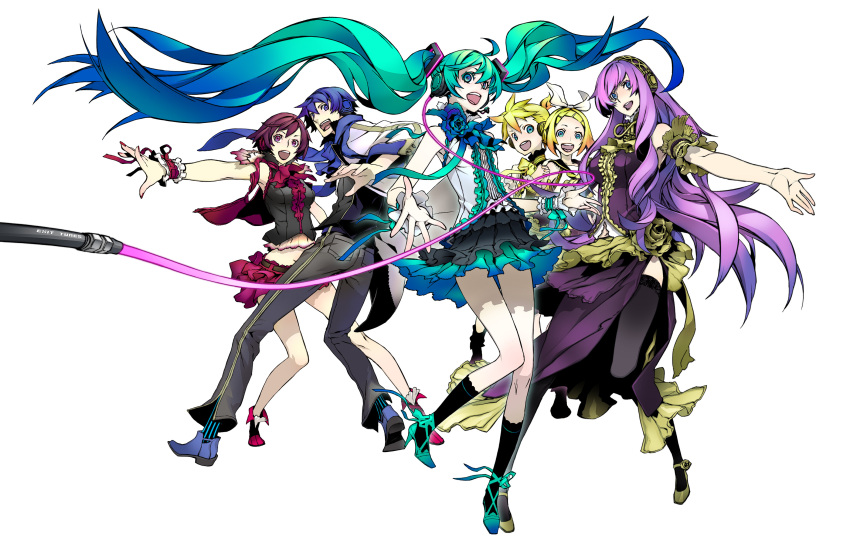 2boys 4girls adapted_costume aqua_eyes aqua_hair black_socks blonde_hair blue_eyes blue_hair blue_scarf bow_hairband fashion frilled_cuffs frills full_body gradient_hair hair_between_eyes hairband hatsune_miku headphones high_heels highres kagamine_len kagamine_rin kaito_(vocaloid) long_hair megurine_luka meiko_(vocaloid) miwa_shirow multicolored_hair multiple_boys multiple_girls open_mouth photoshop_(medium) pink_hair purple_hair red_eyes red_hair ribbon scarf short_hair simple_background skirt smile socks striped_clothes striped_socks thighhighs twintails vertical-striped_clothes vertical-striped_socks very_long_hair vocaloid white_background wrist_cuffs