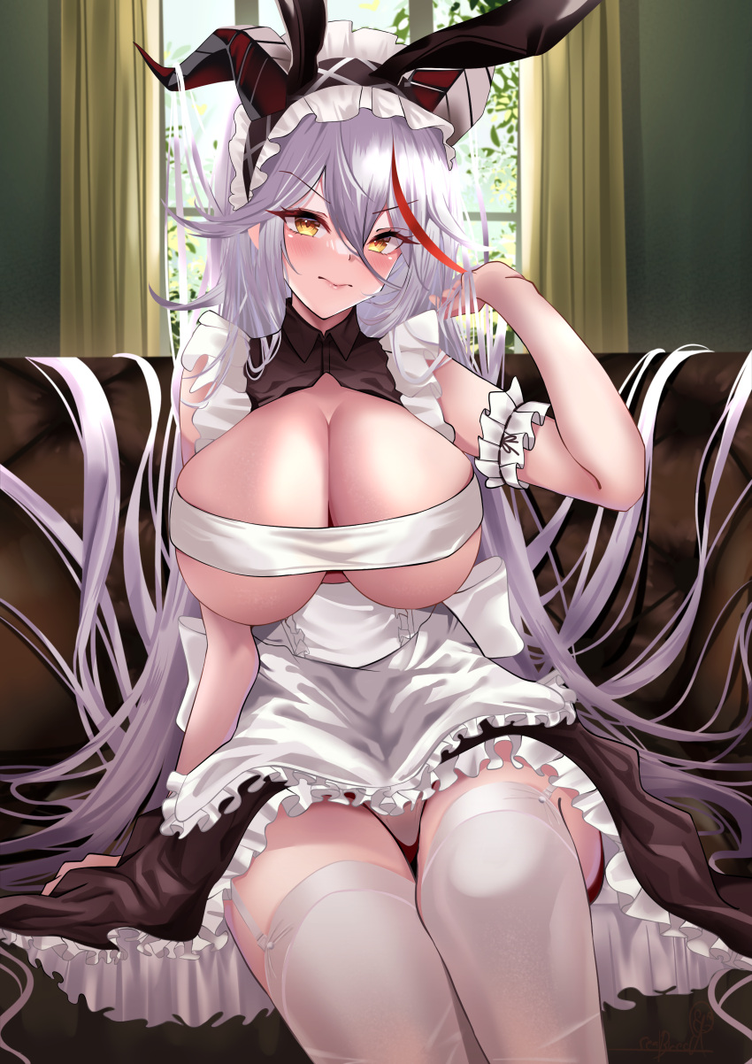 absurdly_long_hair absurdres aegir_(azur_lane) aegir_(iron_blood's_dragon_maid)_(azur_lane) azur_lane black_horns breasts brown_dress cleavage commentary_request couch demon_horns dress female framed_breasts frilled_bandeau frilled_dress frills garter_straps hair_between_eyes hair_on_horn highres horns huge_breasts indoors long_hair long_hair_between_eyes looking_at_viewer maid_headdress multicolored_hair official_alternate_costume red_hair seabread sitting solo streaked_hair thighhighs very_long_hair white_garter_straps white_hair white_thighhighs window yellow_eyes