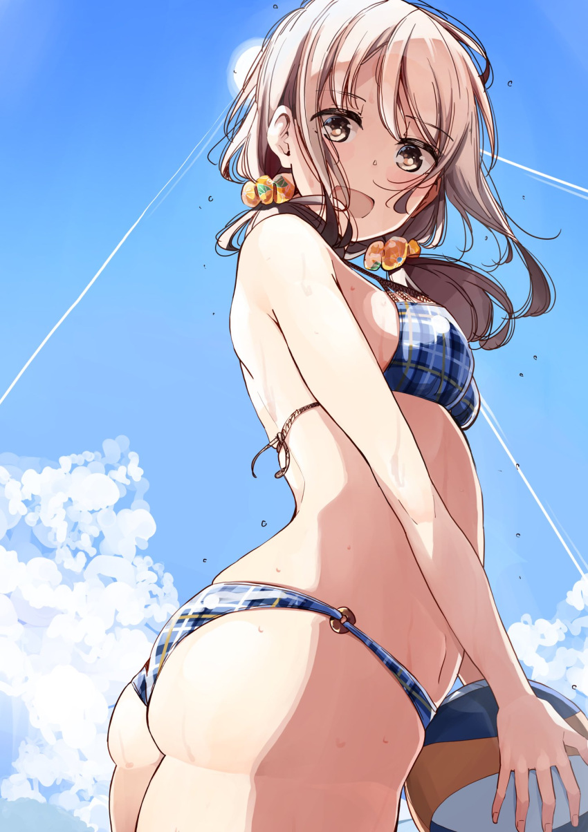 :d ass back ball bikini blue_bikini blue_sky breasts brown_eyes brown_hair commentary_request day female hair_ornament hair_scrunchie halterneck harukana_receive highres holding holding_ball looking_at_viewer medium_breasts nyoijizai o-ring o-ring_bikini oozora_haruka_(harukana_receive) open_mouth outdoors plaid plaid_bikini scrunchie sky smile solo standing sun swimsuit thighs volleyball volleyball_(object)