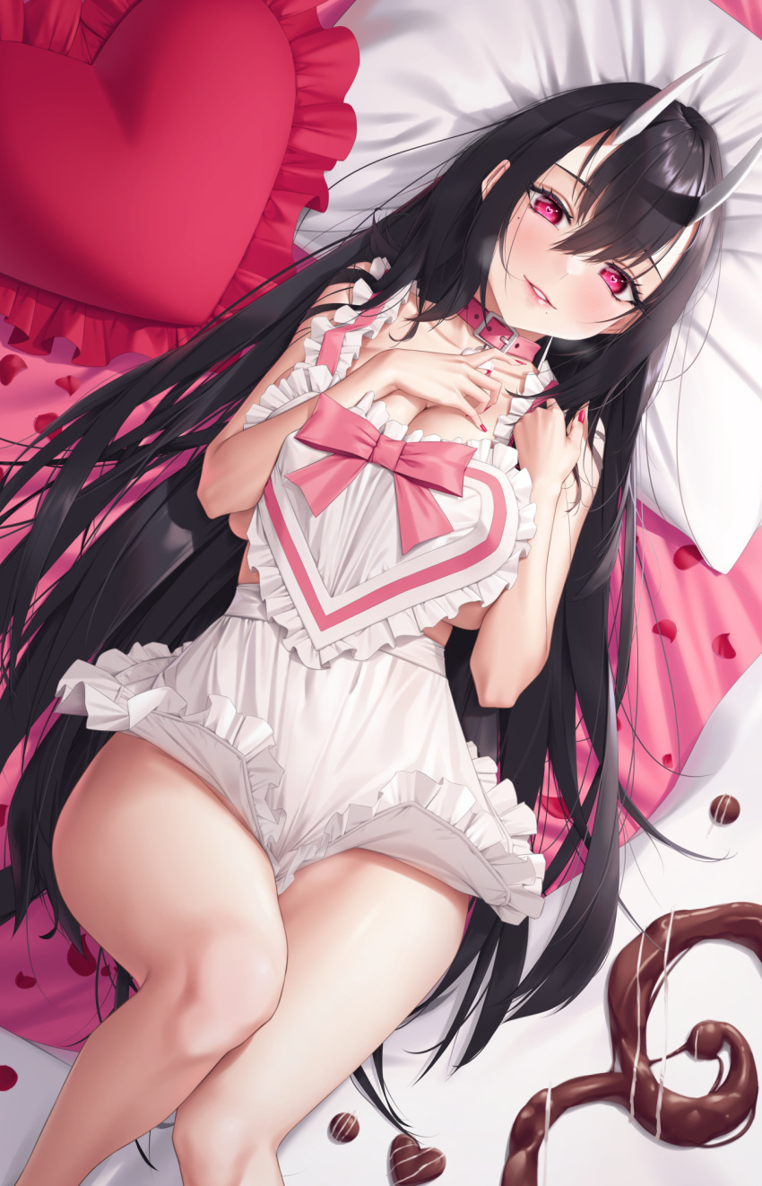 apron bare_arms belt_buckle belt_collar black_hair bow breasts buckle chocolate cleavage collar commentary_request female frilled_apron frilled_pillow frills hair_between_eyes hands_up head_on_pillow heart heart-shaped_pillow heart-shaped_pupils highres horns knee_up large_breasts long_hair looking_at_viewer lying mole mole_under_eye mole_under_mouth nail_polish naked_apron on_back on_bed oni oni_horns original parted_lips petals pillow pink_bow pink_collar pink_eyes red_nails ruka_(silver_tokki) silver_tokki solo symbol-shaped_pupils two-piece_apron valentine very_long_hair white_apron