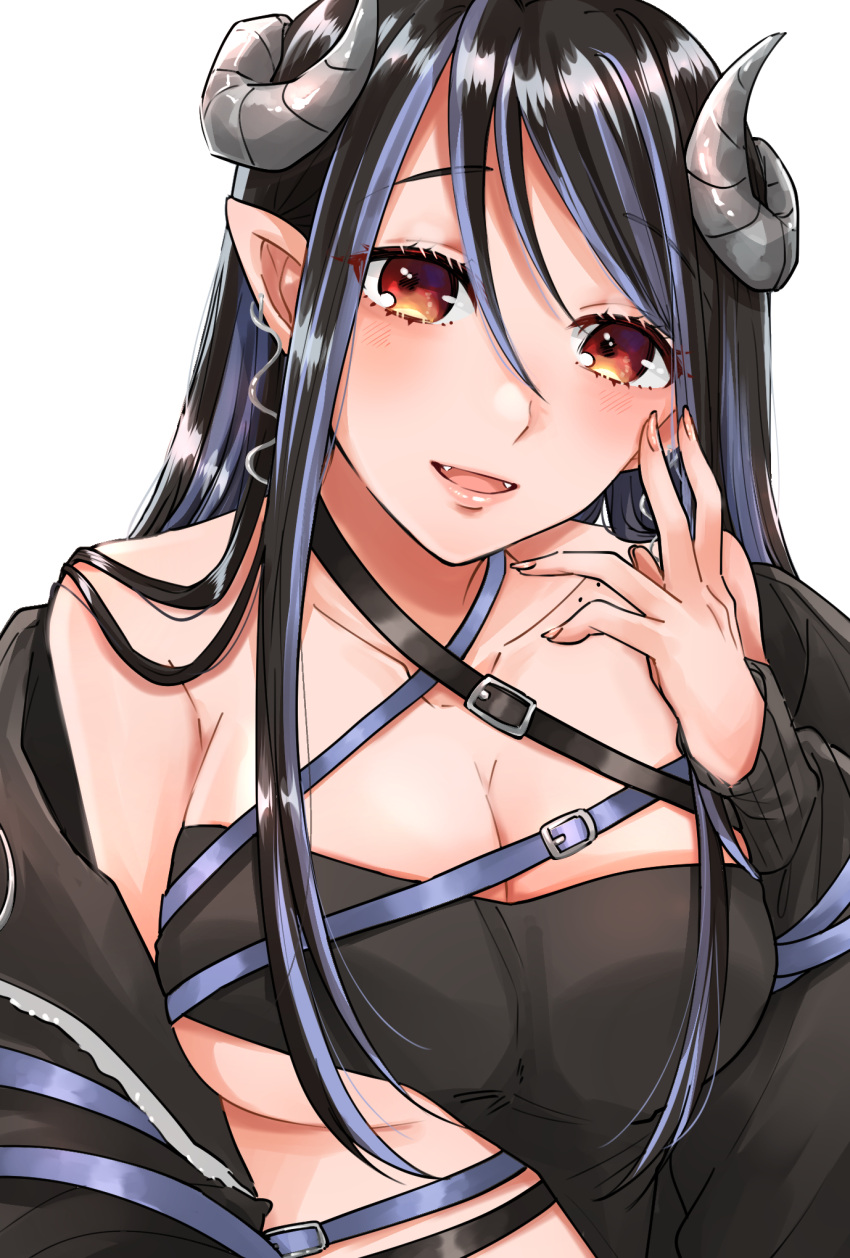 ayu_(sweetfish_man) bandeau belt black_bandeau black_belt black_hair black_jacket blue_belt blue_hair blush breasts brown_eyes caduceus chest_belt cleavage collarbone commentary curled_horns demon_girl demon_horns earrings fangs female grey_horns hair_between_eyes hebiyoi_tier hebiyoi_tier_(1st_costume) highres horns jacket jewelry large_breasts long_bangs long_hair looking_at_viewer multicolored_hair nanashi_inc. off_shoulder open_clothes open_jacket open_mouth pointy_ears sidelocks simple_background smile snake_bite solo two-tone_hair upper_body virtual_youtuber white_background