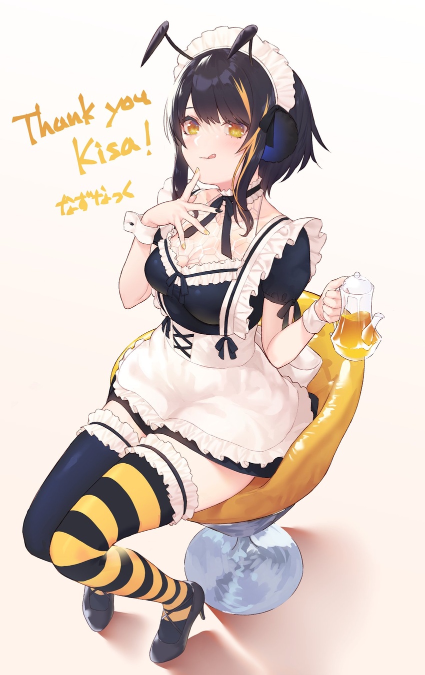 :q arthropod_girl bee_girl black_hair black_nails blonde_hair breasts chair cleavage commentary english_commentary eyebrows_hidden_by_hair female highres honey indie_virtual_youtuber kisa_(vtuber) mixed-language_text multicolored_hair multicolored_nails nazunakku shadow sitting streaked_hair thank_you tongue tongue_out virtual_youtuber yellow_eyes yellow_nails