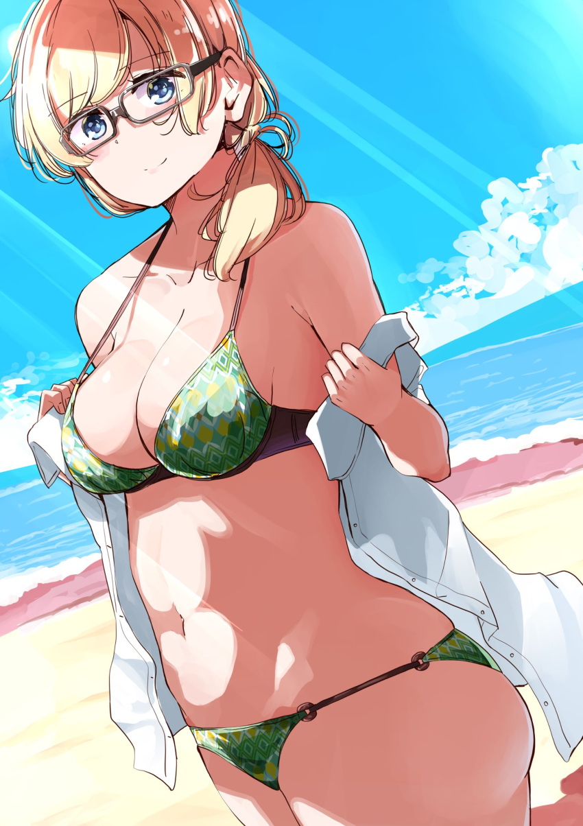 beach bikini blonde_hair blue_eyes blue_sky breasts cleavage closed_mouth collarbone commentary_request cowboy_shot day female glasses green_bikini harukana_receive highres horizon light_rays looking_at_viewer medium_breasts mountainous_horizon navel nyoijizai ocean outdoors shirt sideboob skindentation sky smile solo standing strap_gap sunbeam sunlight swimsuit thomas_emily white_shirt