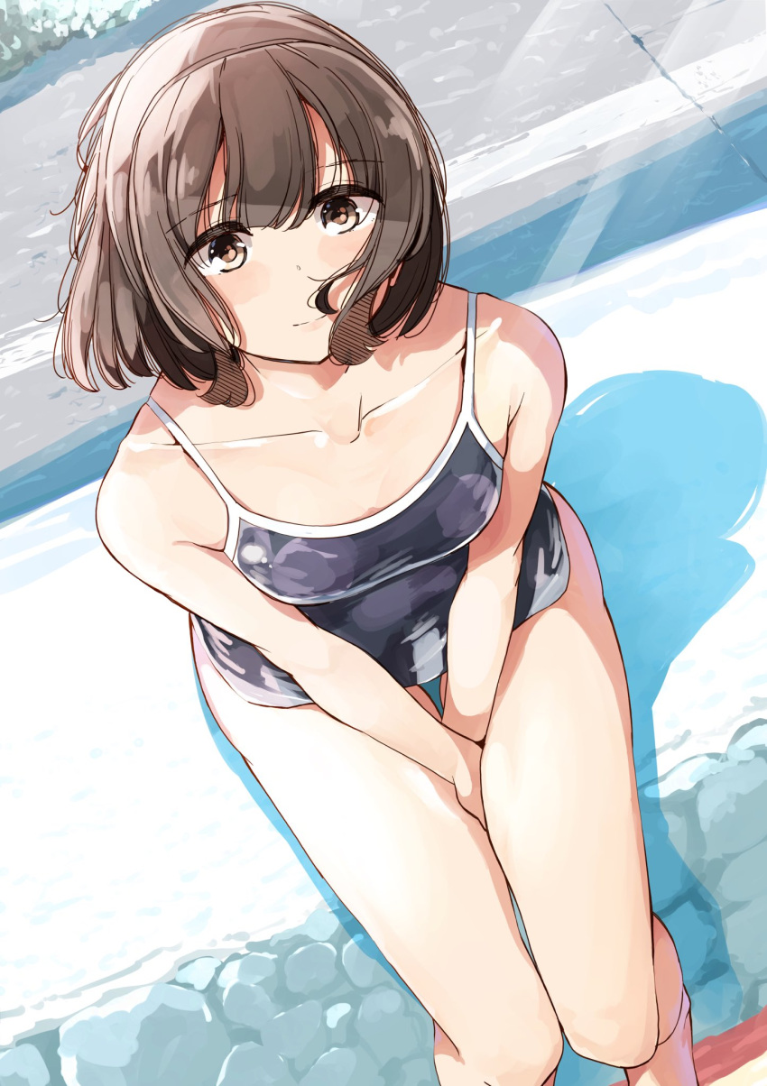 bare_legs between_legs black_one-piece_swimsuit breasts brown_eyes brown_hair closed_mouth collarbone commentary_request competition_school_swimsuit female floating_hair hand_between_legs harukana_receive higa_kanata highres light_rays looking_at_viewer nyoijizai one-piece_swimsuit outdoors school_swimsuit short_hair sitting small_breasts smile solo stone_wall sunbeam sunlight swimsuit thighs wall