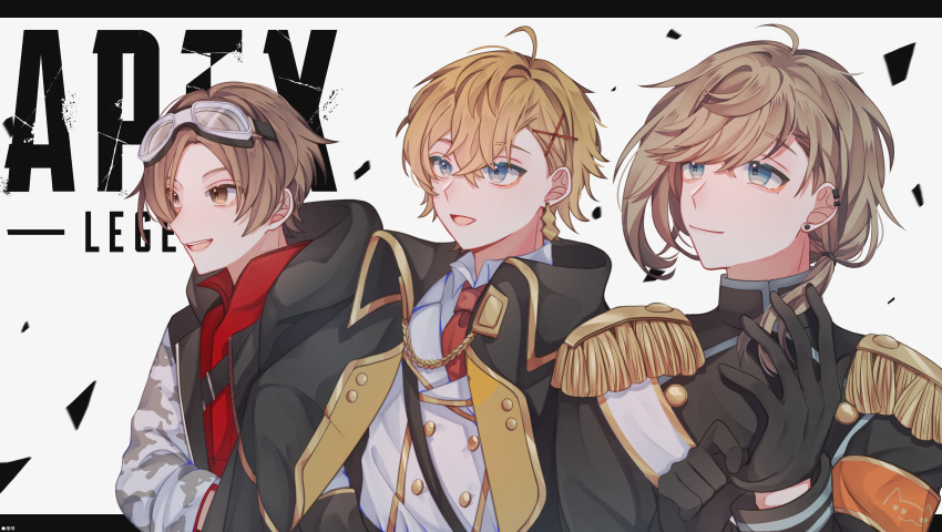 3boys absurdres apex_legends blonde_hair blue_eyes brown_eyes brown_hair commentary copyright_request ear_piercing earrings hair_ornament hairclip hey!_say!_jump highres jewelry kanae_(nijisanji) male_focus mole mole_under_eye multiple_boys neo-porte nijisanji pale_skin piercing real_life shibuya_hal virtual_youtuber x_hair_ornament xia_moqin yamada_ryosuke