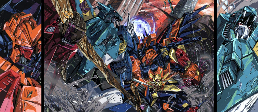 1980s_(style) 2boys character_request damaged decepticon fighting highres holding holding_sword holding_weapon liokaiser looking_down looking_up marble-v mecha multiple_boys multiple_views no_humans predaking retro_artstyle robot science_fiction shoulder_cannon sword transformers transformers_victory weapon