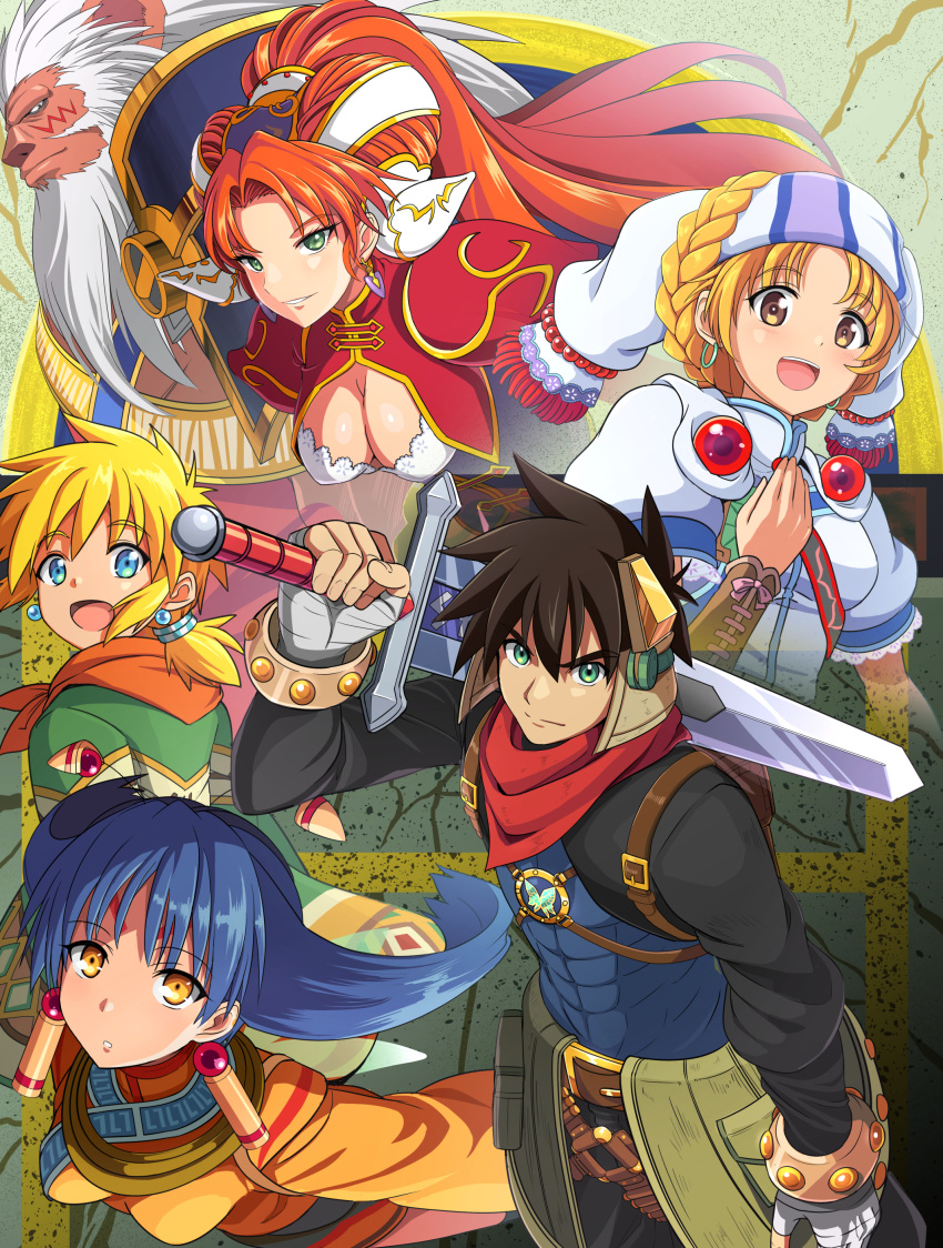 3boys 3girls absurdres beard blonde_hair blue_hair braid breasts brown_hair cleavage earrings elena_(grandia) facial_hair grandia grandia_ii highres jewelry kayama_kenji lion_boy long_hair low_ponytail mareg_(grandia) millenia_(grandia) multiple_boys multiple_girls orange_hair over_shoulder roan_(grandia) ryudo_(grandia) scarf smile sword tio_(grandia) weapon weapon_over_shoulder white_hair