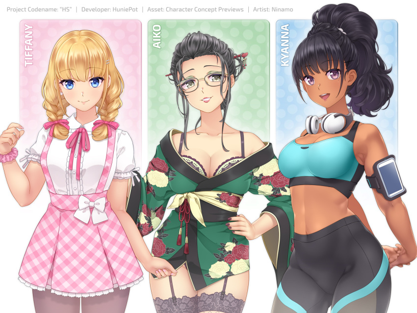 3girls abs aiko_yumi black_hair blonde_hair blue_sports_bra braid braided_bangs breasts character_name cleavage cleavage_cutout clothing_cutout dark-skinned_female dark_skin english_commentary english_text glasses hair_ornament hair_stick headphones headphones_around_neck high-waist_pants high-waist_skirt highres hunie_(series) huniepop japanese_clothes kimono kyanna_delrio leotard medium_breasts multiple_girls ninamo official_art pants pantyhose skirt small_breasts sports_bra thigh_strap thighhighs tiffany_maye underwear