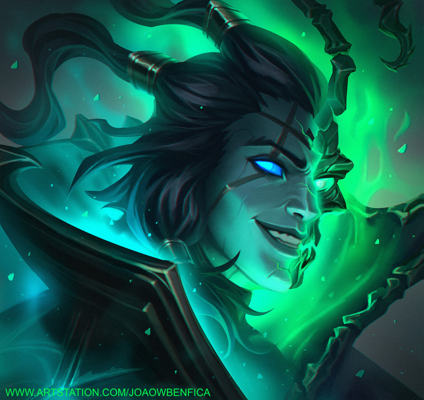 1boy artist_name black_hair blue_eyes colored_skin ghost glowing green_eyes green_skin grey_background grin hair_ornament highres joaowbenfica league_of_legends long_hair male_focus portrait smile solo teeth thresh_(league_of_legends) unbound_thresh web_address