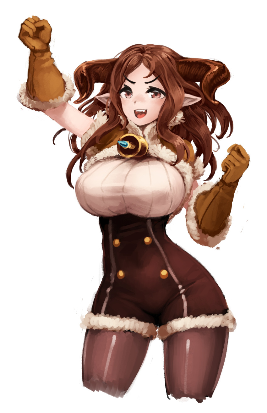 :d absurdres arm_up barbariank bell breasts brown_eyes brown_gloves brown_hair brown_pantyhose capelet commentary cowboy_shot cropped_legs daetta_(granblue_fantasy) draph english_commentary female fur-trimmed_capelet fur-trimmed_gloves fur_trim gloves granblue_fantasy highres horns large_breasts long_hair looking_at_viewer oerba_yun_fang open_mouth pantyhose pointy_ears simple_background smile solo underbust v-shaped_eyebrows white_background