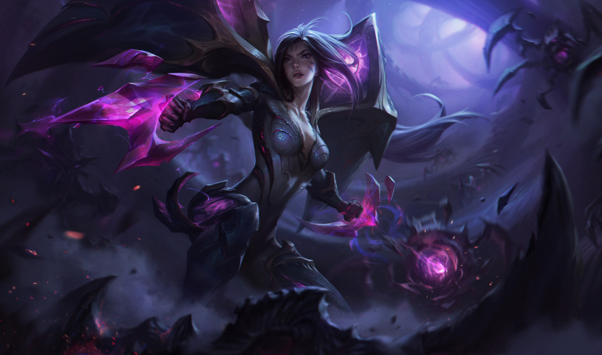 armor attack blood blurry blurry_background bodysuit breasts chengwei_pan cleavage clenched_hands collarbone covered_navel detached_wings energy_beam facial_mark facial_tattoo feet_out_of_frame female fighting fighting_stance floating_hair forehead_mark forehead_tattoo highres kai'sa league_of_legends light lightning liquid long_hair looking_to_the_side magic medium_breasts monster multicolored_bodysuit multicolored_clothes official_art outdoors outstretched_arms parted_lips plunging_neckline purple_blood purple_bodysuit purple_eyes purple_hair serious shoulder_armor skin_tight solo standing tattoo thighs underground weapon whisker_markings wings