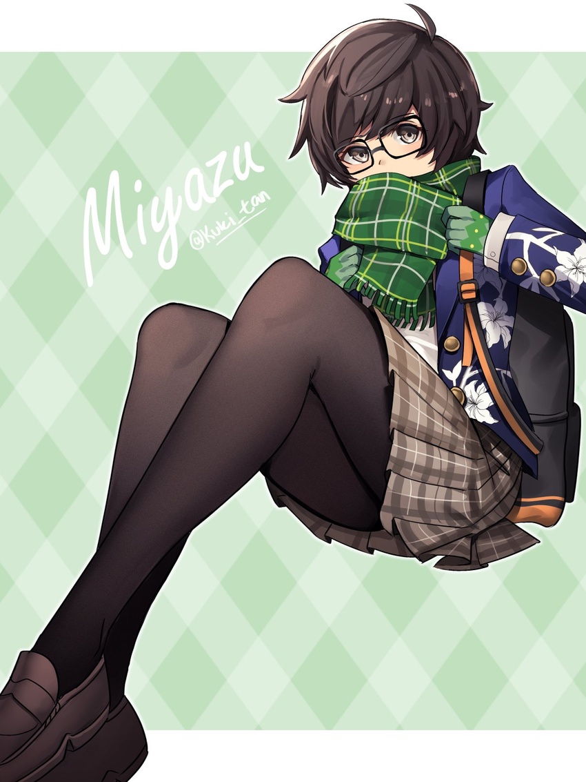 atsuta_miyazu black_hair character_name embarrassed female glasses gloves highres jouin_high_school_uniform kuki_tan looking_at_viewer pantyhose scarf school_uniform shin_megami_tensei shin_megami_tensei_v short_hair simple_background skirt solo sweater twitter_username wavy_hair