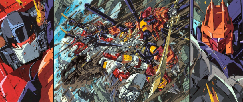 1980s_(style) 2boys aerialbot arm_cannon assault_visor autobot battle broken cannon clenched_hands commentary_request damaged decepticon duel fighting glowing gun highres holding holding_gun holding_sword holding_weapon horns machinery marble-v mecha mechanical_wings multiple_boys no_humans predaking purple_eyes red_eyes retro_artstyle robot science_fiction smoke superion sword transformers transformers:_generation_1 weapon wings