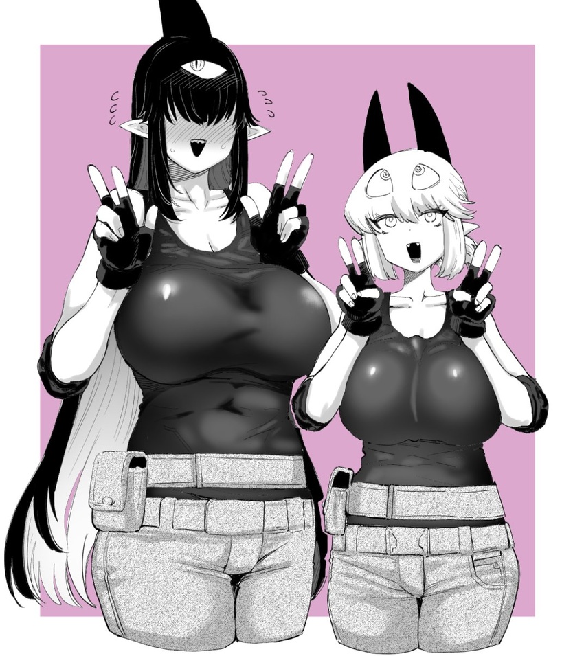 2girls :d bare_shoulders belt belt_pouch blush border breasts colored_inner_hair copyright_request covered_navel cropped_legs debby_the_corsifa debby_the_corsifa_wa_makezugirai dekosukentr denim double_v double_w elbow_pads embarrassed extra_eyes fangs fins flying_sweatdrops greyscale_with_colored_background highres horns huge_breasts jeans long_hair multicolored_hair multiple_girls one_eye_covered open_mouth pants pink_background pointy_ears pouch shirt simple_background smile standing v very_long_hair w white_border