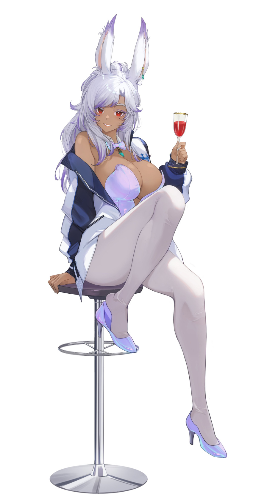 absurdres animal_ears bar_stool blue_jacket bow bowtie breasts cleavage commission crystal cup dark-skinned_female dark_skin detached_collar drink earrings female final_fantasy final_fantasy_xiv high_heels highres holding holding_cup jacket jewelry large_breasts leotard long_hair looking_at_viewer open_clothes open_jacket pantyhose playboy_bunny purple_leotard rabbit_ears rabbit_girl red_eyes ritence sitting smile stool viera warrior_of_light_(ff14) white_background white_hair white_jacket white_pantyhose wrist_cuffs