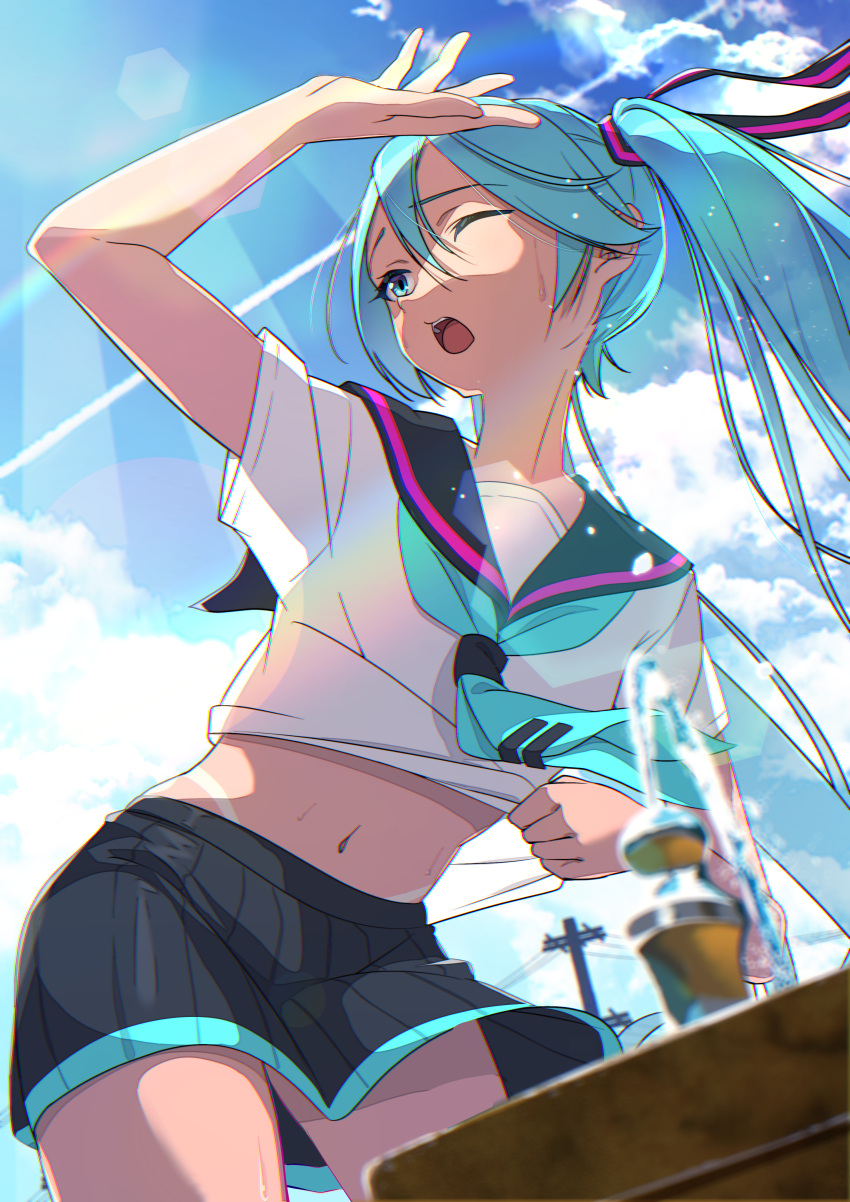 absurdres alternate_costume aqua_eyes aqua_hair aqua_neckerchief aqua_trim bikini_tan birthday black_skirt blue_sky blurry check_translation clothes_lift cloud drinking_fountain dutch_angle female from_below hair_ribbon hatsune_miku highres long_hair midriff_peek miu_(angelo_whitechoc) navel neckerchief one_eye_closed open_mouth pleated_skirt ribbon sailor_collar school_uniform serafuku shirt shirt_lift short_sleeves skirt sky solo standing striped_ribbon sweat tan tanlines translation_request twintails utility_pole vocaloid white_shirt