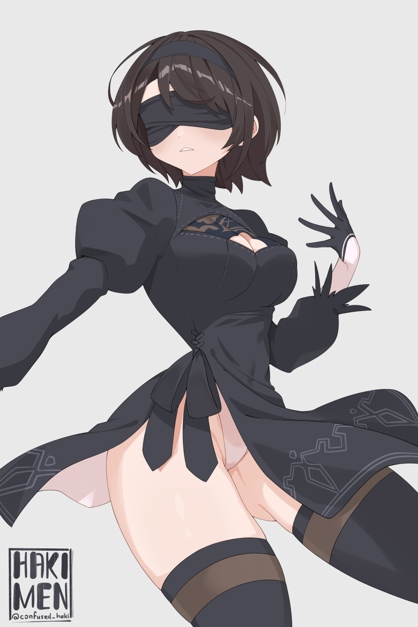 2b_(nier:automata) 2b_(nier:automata)_(cosplay) absurdres black_blindfold black_dress black_gloves black_hair black_thighhighs blindfold breasts brown_hair cleavage cleavage_cutout clothing_cutout cosplay dress feather-trimmed_sleeves gloves hakimen highleg highleg_leotard highres hololive juliet_sleeves leotard leotard_under_clothes long_sleeves medium_breasts nier:automata nier_(series) oozora_subaru puffy_sleeves short_dress short_hair side_slit thighhighs two-sided_dress two-sided_fabric virtual_youtuber white_leotard