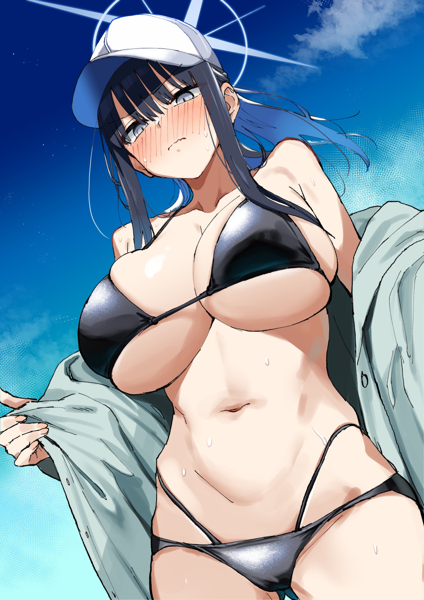 absurdres aqua_jacket bikini black_bikini blue_archive blue_halo breasts colored_inner_hair cross_halo halo hat highres jacket large_breasts multicolored_hair navel official_alternate_costume open_clothes open_jacket saori_(blue_archive) saori_(swimsuit)_(blue_archive) skyberryito swimsuit white_hat