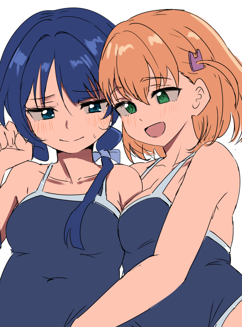 2girls :d absurdres alternate_costume arm_between_breasts between_breasts blue_eyes blue_hair blue_ribbon blush breasts closed_mouth collarbone commentary_request covered_navel crossed_bangs dark_blue_hair ereka green_eyes hair_ornament hair_ribbon highres hinoshita_kaho link!_like!_love_live! long_hair love_live! low_twintails medium_breasts medium_hair multiple_girls murano_sayaka new_school_swimsuit no_mole open_mouth orange_hair rabbit_hair_ornament ribbon school_swimsuit simple_background smile split_mouth swimsuit twintails two_side_up upper_body virtual_youtuber white_background yuri