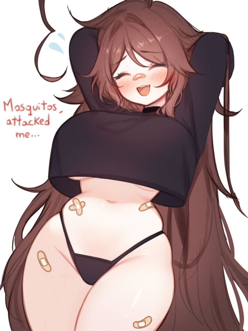 absurdres ahoge bandages bandaid bandaid_on_face bandaid_on_nose black_panties blush breasts brown_hair english_text female hair_between_eyes highres indie_virtual_youtuber large_breasts long_hair navel panties skindentation sky_above_me sky_above_me_(vtuber) solo thong underwear very_long_hair virtual_youtuber