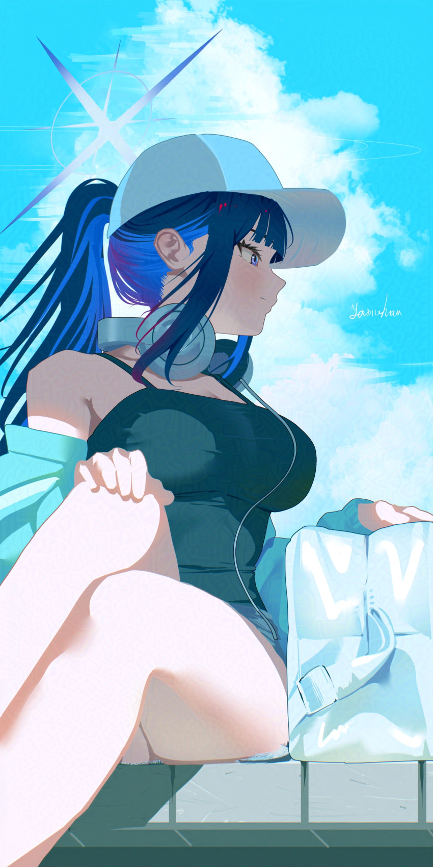 absurdres aqua_jacket baseball_cap black_camisole blue_archive blue_halo breasts camisole colored_inner_hair denim denim_shorts female halo hat headphones headphones_around_neck highres jacket multicolored_hair official_alternate_costume official_alternate_hairstyle ponytail saori_(blue_archive) saori_(swimsuit)_(blue_archive) shorts solo white_hat yamaharu_(xxzf7284)