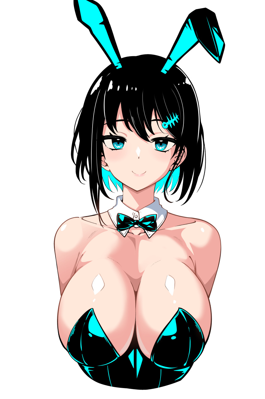 absurdres animal_ears bare_shoulders black_hair black_leotard blush bow bowtie breasts cleavage detached_collar fake_animal_ears female hair_ornament hairclip highres large_breasts leotard looking_at_viewer original playboy_bunny rabbit_ears sekai_saisoku_no_panda short_hair smile solo