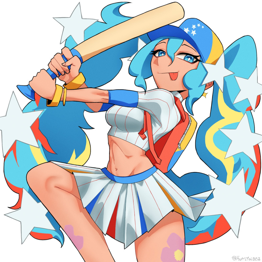 aqua_hair backpack bag baseball_bat baseball_cap blonde_hair blue_eyes blue_hair bracelet bright_pupils cowboy_shot cropped_shirt female hair_ornament hat hatsune_miku highres holding holding_baseball_bat jewelry kuritoigca leg_up long_hair looking_at_viewer midriff multicolored_hair navel pleated_skirt red_hair shirt short_sleeves skirt solo star_(symbol) star_hair_ornament striped_clothes striped_shirt tongue tongue_out twintails twitter_username venezuela venezuelan_miku_(mulemount) very_long_hair vocaloid white_pupils