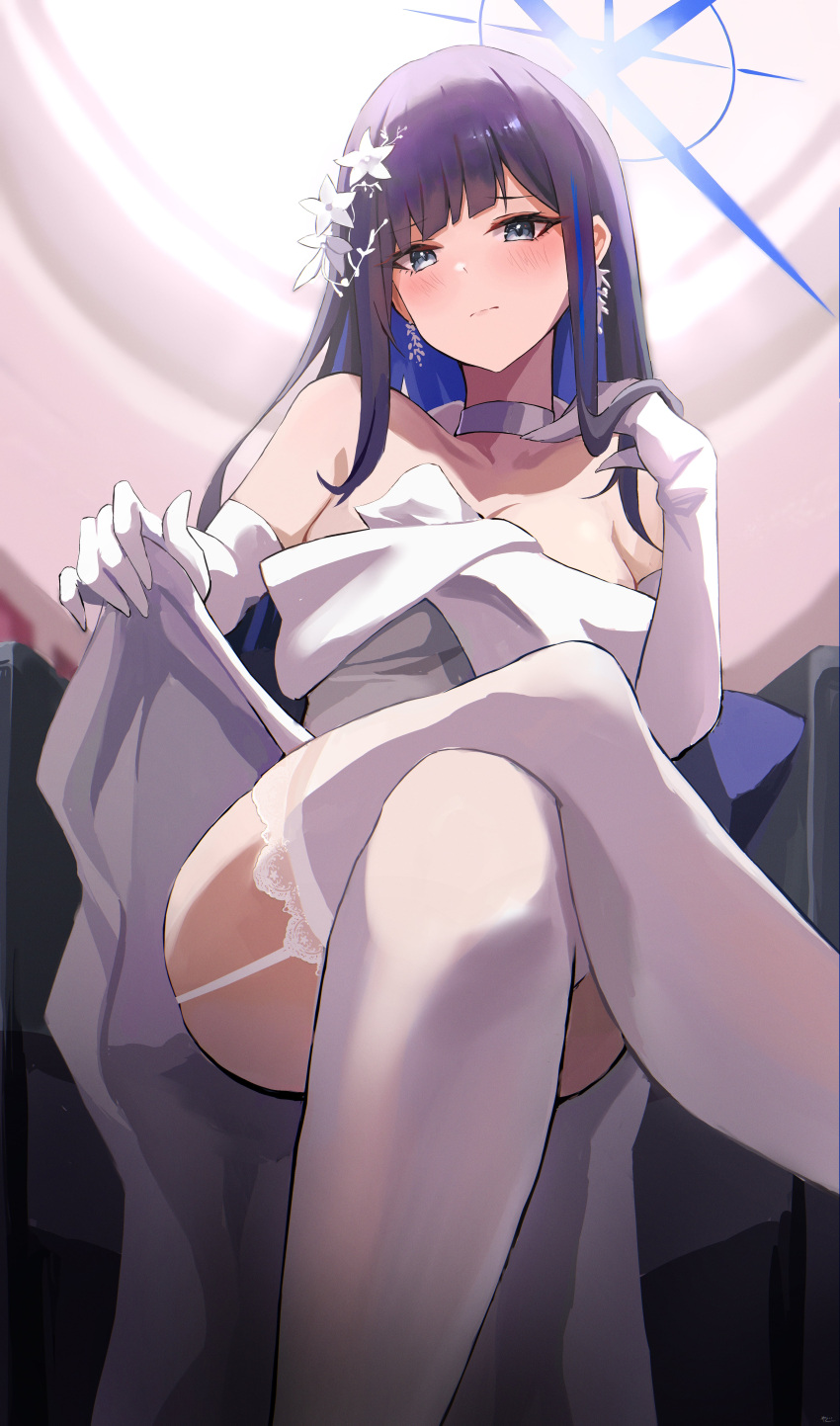 absurdres black_hair blue_archive blue_eyes blue_hair blue_halo breasts choker colored_inner_hair crossed_legs dress elbow_gloves female garter_straps gloves halo highres large_breasts long_hair looking_at_viewer multicolored_hair official_alternate_costume saori_(blue_archive) saori_(dress)_(blue_archive) sitting solo strapless strapless_dress white_choker white_dress white_garter_straps white_gloves yato_(yama0x1)