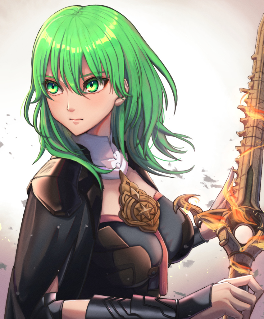 armor black_cape byleth_(female)_(fire_emblem) byleth_(fire_emblem) cape closed_mouth commentary_request enlightened_byleth_(female) female fire fire_emblem fire_emblem:_three_houses flaming_sword flaming_weapon green_eyes green_hair hair_between_eyes highres holding holding_sword holding_weapon lips long_hair simple_background solo sword sword_of_the_creator ushiroki weapon white_background