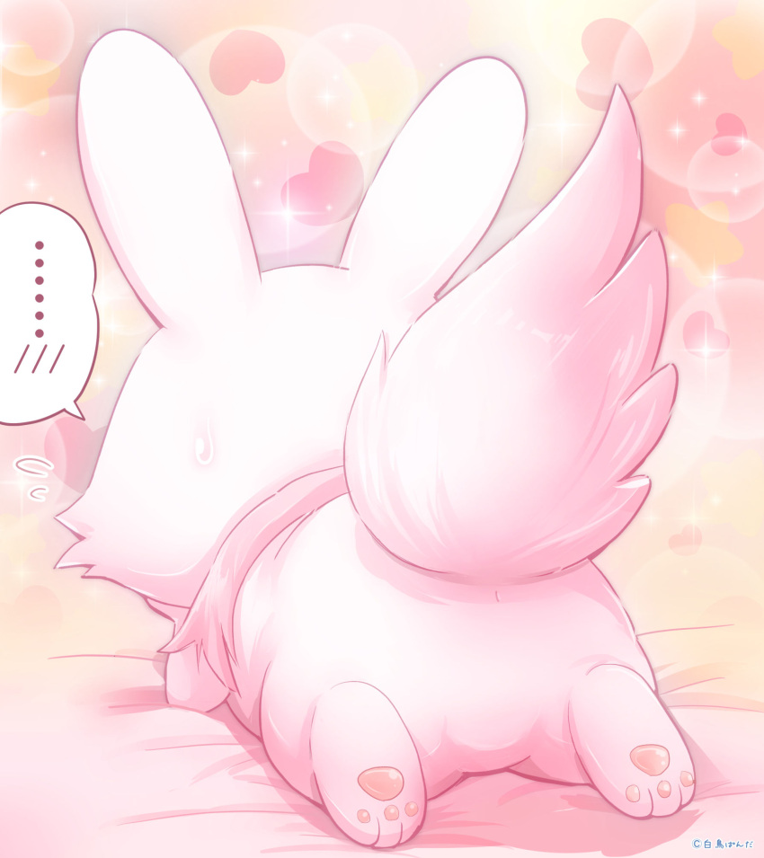 3_toes abstract_background ambiguous_gender bed bodily_fluids cheek_tuft facial_tuft feet fluffy fluffy_tail fur furniture hand_on_cheek heart_symbol hi_res lagomorph leporid lying lying_on_bed mammal neck_tuft nervous_sweat on_bed pawpads paws pemyu pink_body pink_fur pink_pawpads rabbit raised_tail semi-anthro signature solo speech_bubble sweat sweatdrop tail toes tuft white_body white_fur