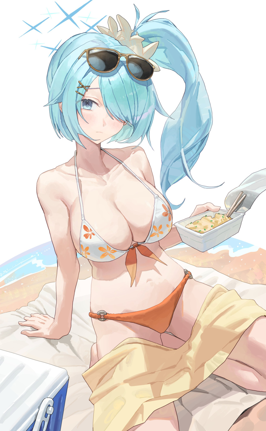 absurdres aqua_hair bikini blue_archive eyewear_on_head female floral_print_bikini green_halo hair_over_one_eye halo highres hiyori_(blue_archive) hiyori_(swimsuit)_(blue_archive) multicolored_bikini multicolored_clothes official_alternate_costume orange_bikini side_ponytail solo starshell sunglasses swimsuit white_bikini yellow-framed_eyewear