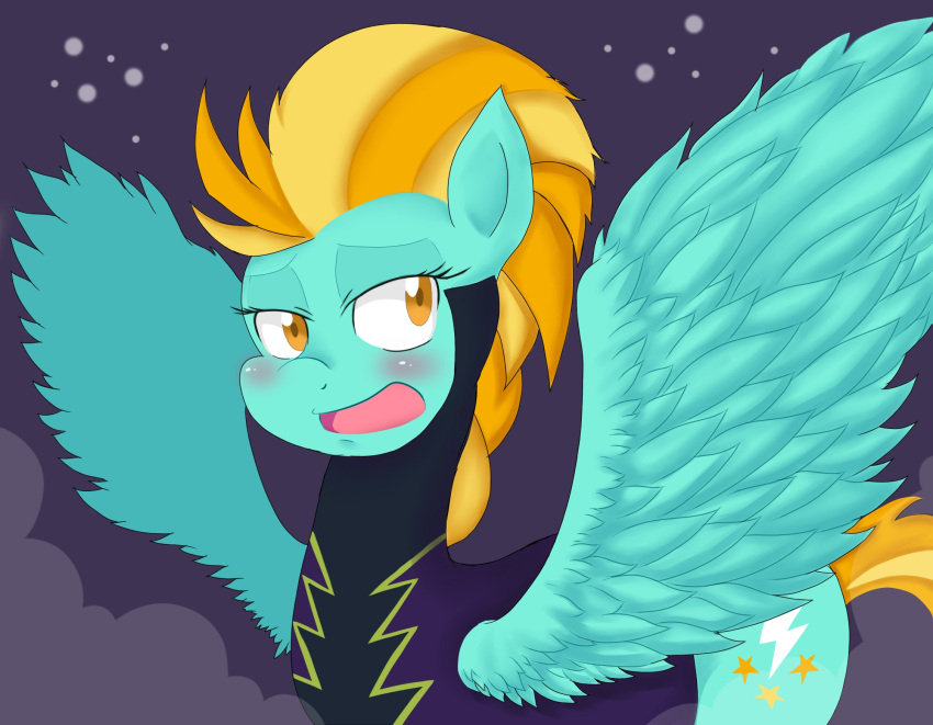 2013 blush cutie_mark digital_drawing_(artwork) digital_media_(artwork) equid equine eyelashes feathered_wings feathers female feral friendship_is_magic fur green_body green_feathers green_fur hair half-length_portrait hasbro hi_res janji009 lidded_eyes lightning_dust_(mlp) looking_aside mammal my_little_pony orange_eyes orange_hair pegasus portrait shadowbolts_(mlp) solo spread_wings wings