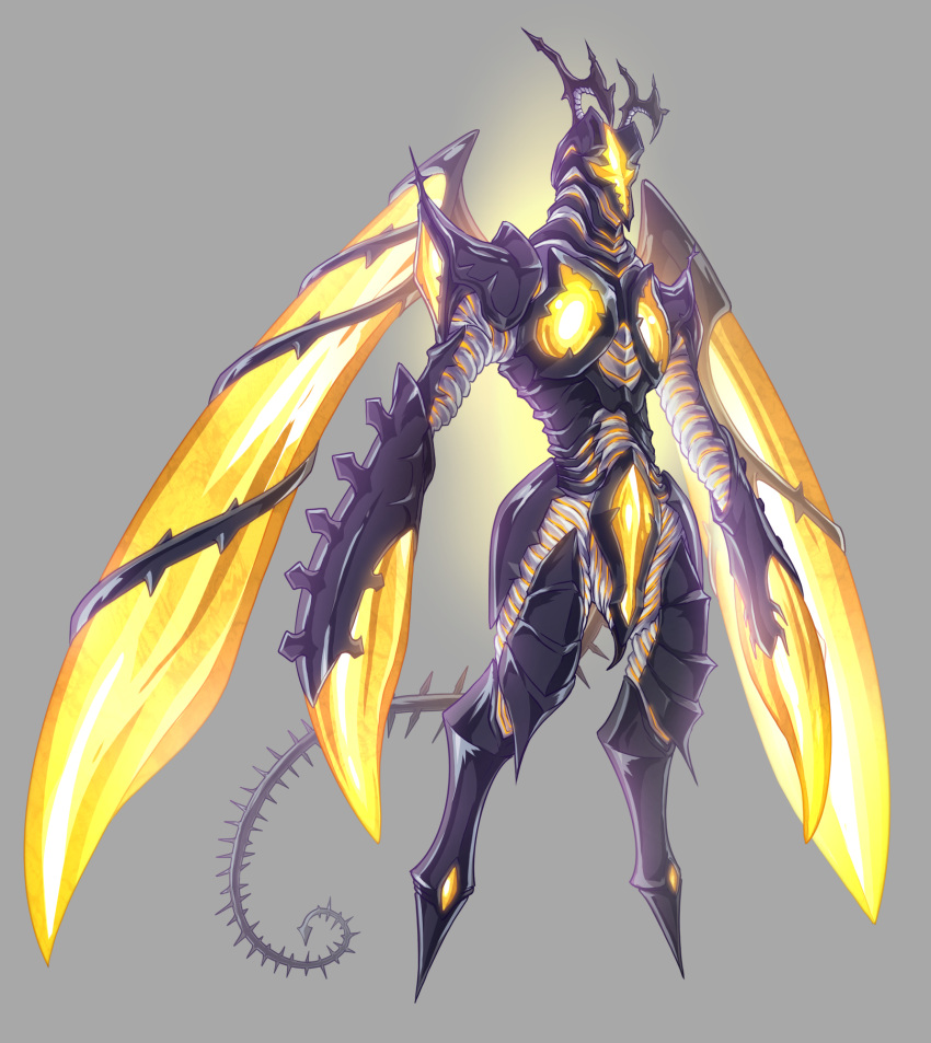 alien alternate_form bug commentary_request faceless glowing glowing_lines grey_background highres horns hyper_zetton kaijuu kuroda_asaki large_wings long_arms no_feet no_humans spikes tail ultra_series ultraman_(1st_series) wings zetton