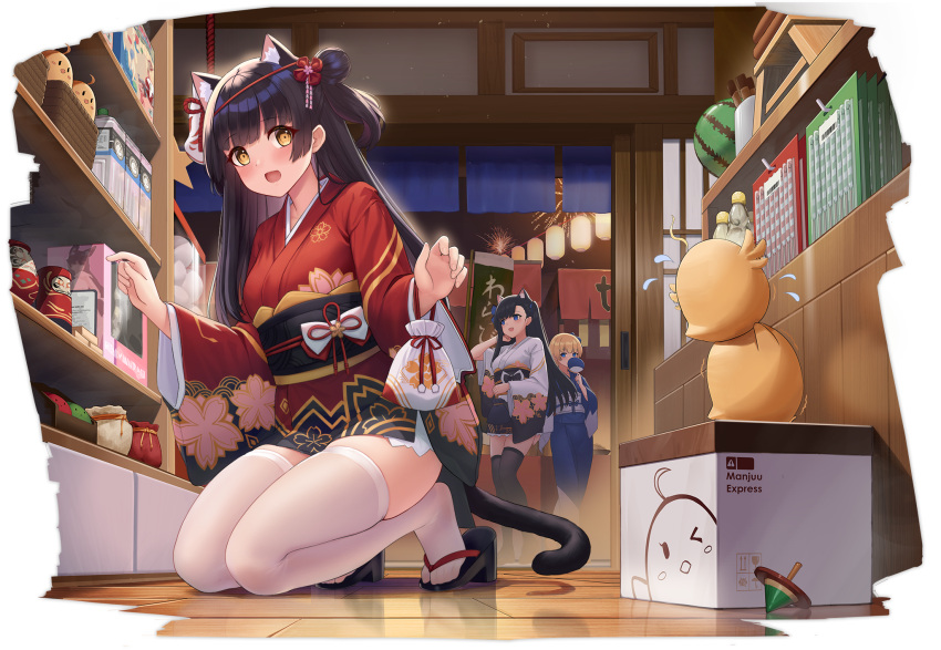 3girls allenes animal_ears azur_lane black_hair cat_ears cat_tail daruma_doll fireworks food fruit geta hair_bun hair_ornament hatsuharu_(azur_lane) highres japanese_clothes kimono kneeling long_hair looking_at_viewer multiple_girls official_alternate_costume official_art open_mouth ramune senkou_hanabi single_hair_bun sparkler tabi tail thighhighs transparent_background watermelon white_thighhighs wide_sleeves yellow_eyes yukata yuugure_(azur_lane) yuugure_(summer_festival_shopping)_(azur_lane)