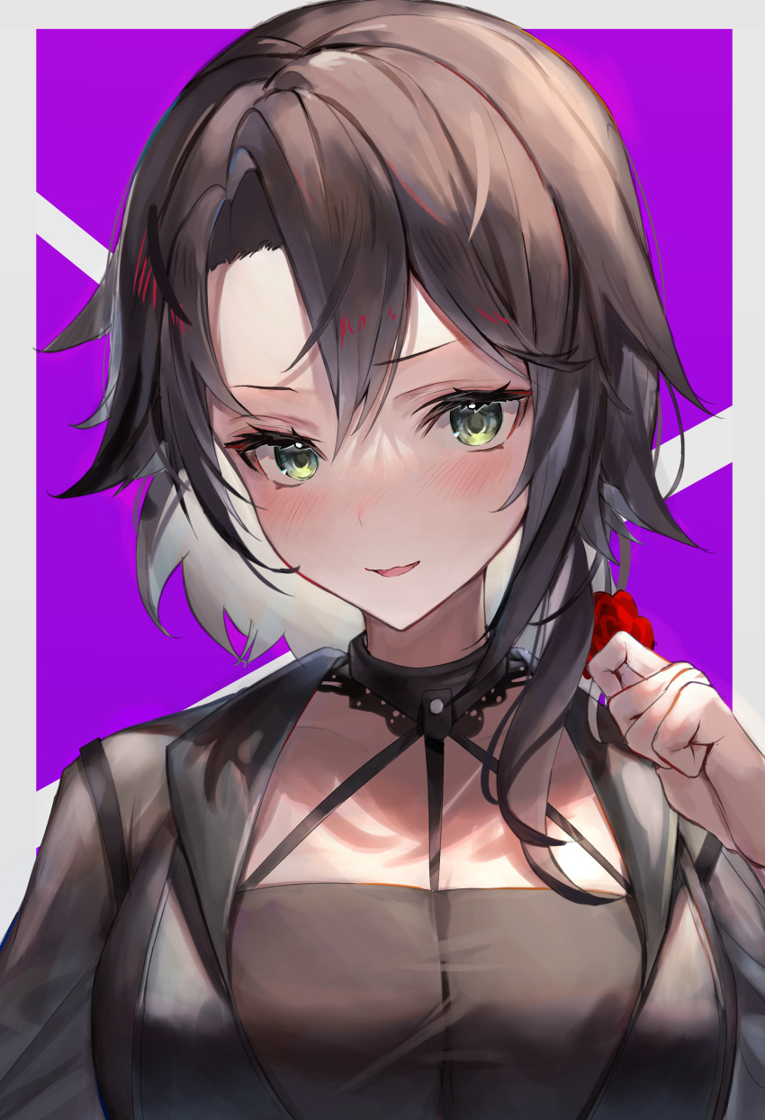 absurdres azur_lane between_breasts black_choker black_dress blush breasts brown_hair choker commentary dress exeter_(a_glorious_toast)_(azur_lane) exeter_(azur_lane) female flower green_eyes hair_between_eyes hair_flower hair_ornament hair_over_shoulder hand_up highres kabi_(zcwd8845) large_breasts long_hair looking_at_viewer official_alternate_costume parted_lips purple_background see-through see-through_dress sidelocks solo strap_between_breasts upper_body white_background