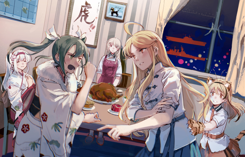 5girls absurdres ahoge alternate_costume alternate_hairstyle animal_ears animal_hands apron blonde_hair closed_eyes english_commentary fake_animal_ears fake_tail floral_print food gloves green_eyes green_hair hair_ribbon highres indoors japanese_clothes kantai_collection kimono long_hair map multiple_girls obi orange_eyes original paw_gloves personification print_kimono red_apron ribbon sash shoukaku_(kancolle) side_ponytail sidelocks tail tiger_ears tiger_tail turkey_(food) twintails uss_enterprise_(cv-6) uss_hornet_(cv-8) uss_yorktown_(cv-5) white_hair white_kimono white_ribbon wide_sleeves yorktown_cv-5 zuikaku_(kancolle)