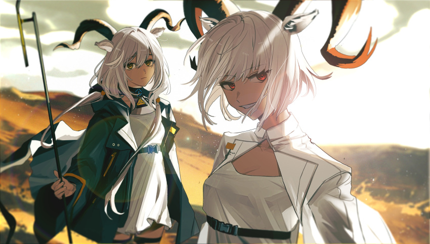 2girls animal_ears arknights beeswax_(arknights) belt black_belt black_coat breasts carnelian_(arknights) chinese_commentary cleavage coat commentary_request curled_horns dark-skinned_female dark_skin desert dress goat_ears goat_horns hair_between_eyes highres holding holding_staff horns infection_monitor_(arknights) jacket long_sleeves looking_at_viewer medium_hair multiple_girls open_clothes open_coat open_jacket outdoors parted_lips red_eyes sand shirt short_hair siblings sisters small_breasts smile staff ting_(machi_nakahara) white_dress white_hair white_jacket white_shirt yellow_eyes