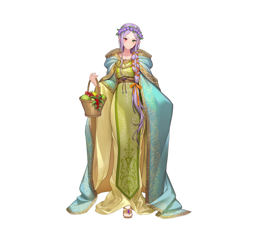 absurdres basket collarbone commentary_request dress female fire_emblem fire_emblem:_the_binding_blade fire_emblem_heroes flower food fruit full_body gold_trim green_eyes hair_ornament head_wreath heterochromia highres holding hood hood_down idunn_(divine_demon)_(fire_emblem) idunn_(fire_emblem) kakage light_persona long_dress long_hair looking_at_viewer official_art parted_bangs pointy_ears purple_hair red_eyes sandals simple_background smile solo standing tied_hair toes white_background