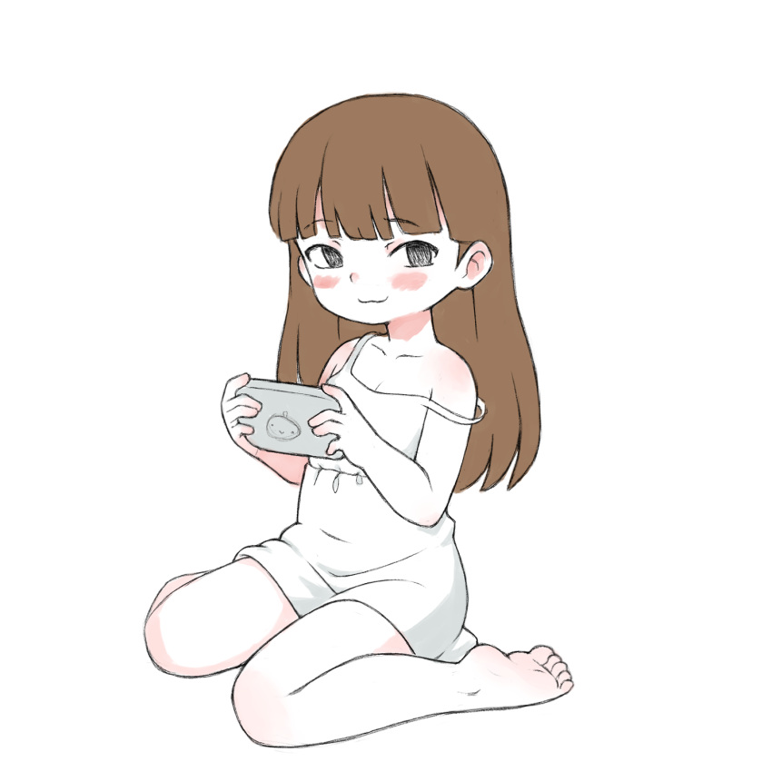 :3 barefoot black_eyes blunt_bangs blush borrowed_character brown_hair child_gf_(orenji) closed_mouth collarbone commentary dress english_commentary feet female full_body handheld_game_console highres holding holding_handheld_game_console long_hair looking_at_viewer original qtkat simple_background single_off_shoulder sitting sleeveless sleeveless_dress smug solo wariza white_background white_dress